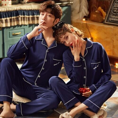 2021 Spring Autumn Long Sleeve Couple Cotton Pajama Sets for Women Cute Cartoon Sleepwear Suit Pyjamas Homewear Men Home Clothes