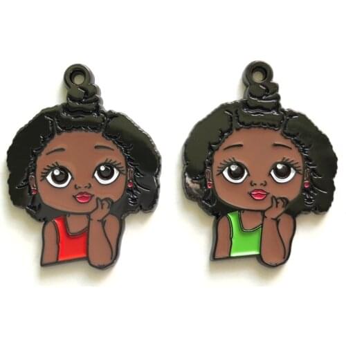 5pcs Cute Afro Black Little Girl Enamel Pendants for Bracelet Making Charms for Jewelry Bangle Necklace Keychain New Items
