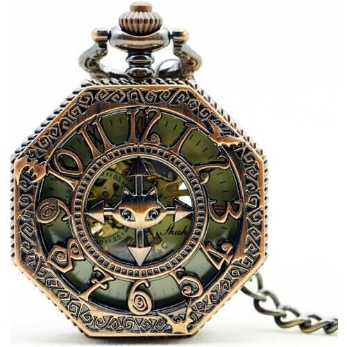5Pcs/lot New Men Antique Copper Hand-Winding Skeleton Mechanical Pocket Watch Necklace Chain For Men Women PJX1129