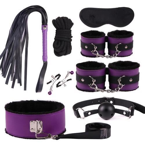 BDSM Bondage Sexy Plush Eight-piece Handcuff Sexy Leather Suit Adult Games Collar Nipple Clamps Whip Sex Products Drop Shipping