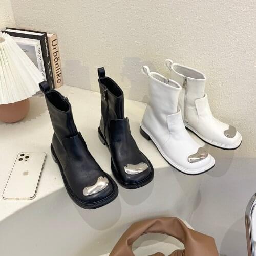 Low heel short boots round head side zipper big head single boots Martin boots retro thick heel womens shoes single shoes X887