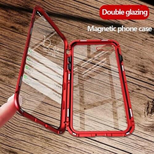 For iPhone XR XS MAX X 8 Plus 7 6 6S luxury Metal Magnetic Case Plus+Tempered Glass Back Cover for Samsung Not8 S9 plus not9 S8