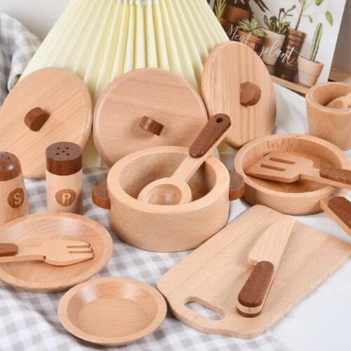 Childrens Wooden Simulation Kitchen Toy Set Pretend Play Kitchenware Miniature Mini Food Log Pots Bowls Girl Toys Surprise Gift