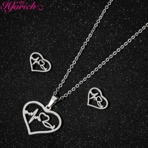 Hfarich Trendy Love Heartbeat Hollow Geometry Jewelry Sets Pendant Necklace Stainless Steel Stud Earring For Women Party Gift