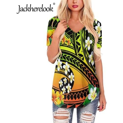 Jackherelook Hawaii Plumeria Polynesian Print Fashion V Neck Tshirts for Ladies Summer Short Sleeves Tops Clothes Loose Tee 2021