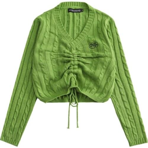 Cable Knit Y2K Aesthetic Long Sleeve Crop Sweater for Women Cute Ladies Vintage 2000s Drawstring V Neck Acrylic Pullover Jumper
