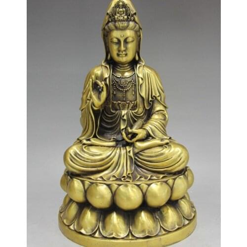 China Brass Copper Sit Copper lotus flower Guan Yin Kwan-yin Boddhisattva Statue