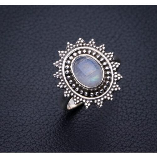 StarGems Natural Rainbow Moonstone Handmade 925 Sterling Silver Ring 7 E3041