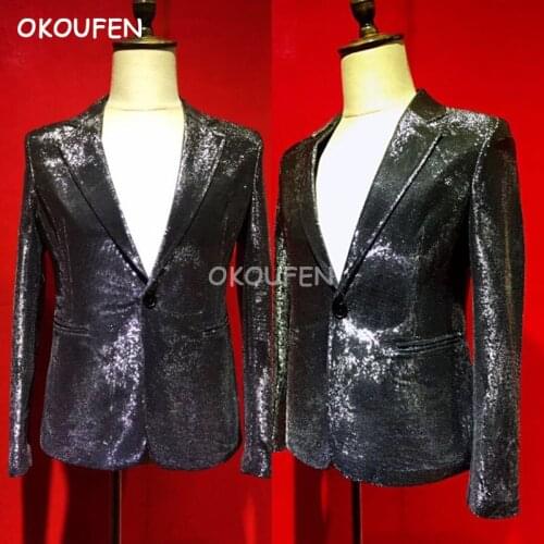 New Mens Fashion Black Sequins Flashing Blazer Nightclub Singer Prom Party Outfit party show Stage Host dress Suit