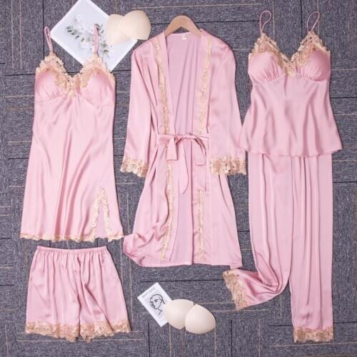 Five-piece Women Satin Pajamas Spring/Autumn Trousers Robe Suspenders Nightdress with Chest Pad Bathrobe Home