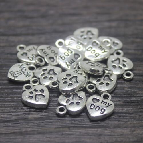 30pcs/ 10*13mm antique silver tone heart shaped dogs paw my dog Charm pendant for jewelry making