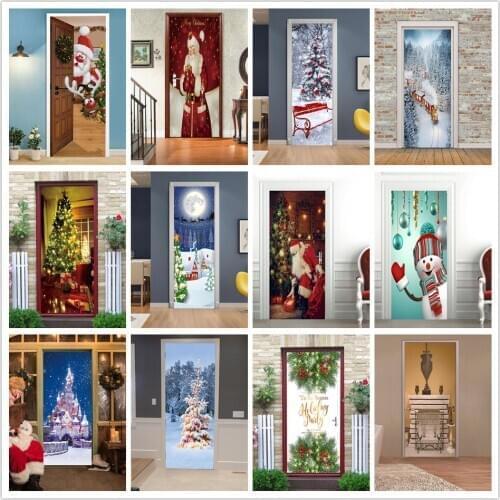 Christmas Door Sticker Snow Santa Claus Wallpaper Self-adhesive Removable Poster DIY Wall Decal Xmas Decoration Mural Home Decor