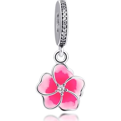 CKK Fits Pandora Charms Bracelets Pink Enamel Poetic Blooms Flower Beads 925 Sterling Silver Charm DIY Jewelry Making kralen