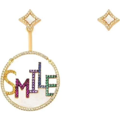 SOELLE Luxury Brand Real 925 Sterling Silver Multicolor Letter SMILE Mother Shell Asymmetric Earrings Fashion Jewelry for Women
