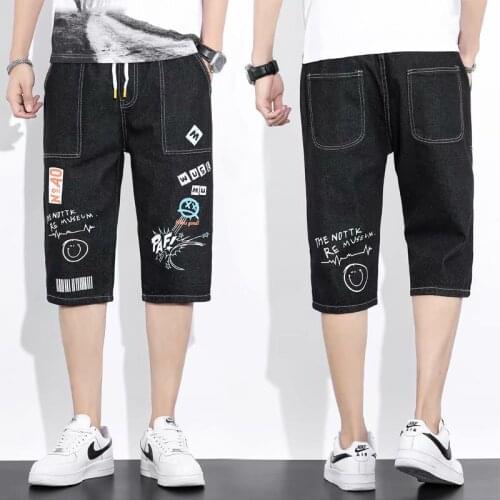 Hip Hop Mens Jeans Korean Fashion Men Clothing Jeans Shorts Casual Streetwear Printed Jeans Men Elastic Waist Jeans Shorts Men