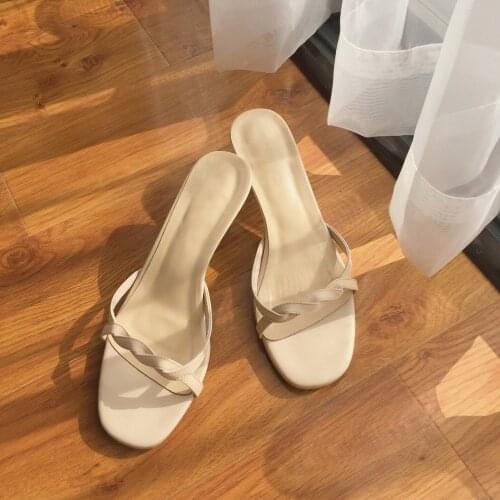Women summer concise outside shoes cross tie slides woman kitten heels slip on kittens women casual slippers