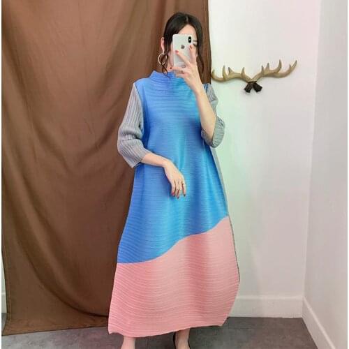 Miyake Pleated Dress Long Section Autumn New Fashion Pleated Womens Fairy Pleated Color Matching Dresses