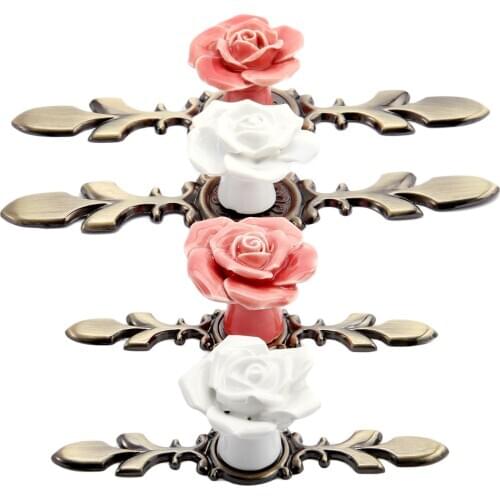 1x Vintage Ceramic Alloy Base Cabinet Rose Knobs Door Cupboard Dresser Kitchen Furniture Handle Pink/White