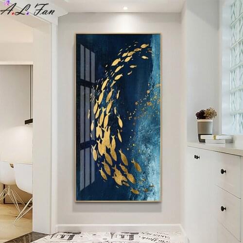 Golden Fish Abstract Wall Poster Modern Style Canvas Print Painting Contemporary Art Living Room Entrance Decoration Picture