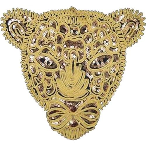 Large Black Sequin Lace Tiger Head Clothes Embroidered Patches for Clothing Sew on Sweatshirt Leopard Applique Stripes Sticker