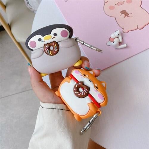 Cartoon Shiba Inu Case For AirPods 1/2/pro Silcone Bluetooth Earphone Case For AirPods Penguin donut Protective Cover with Hook