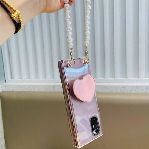 For Samsung Galaxy Z Fold 3 2 5G Fashion Cute Love Heart Stand Holder Bracket Portable Pearl Hand Chain Protective Case Cover