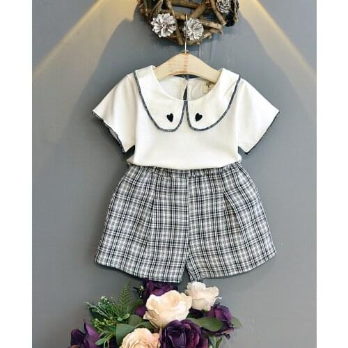 Kids clothing baby girl clothes Summer new Cotton short-sleeved love embroidered top + plaid shorts Sets 4-6y two piece set