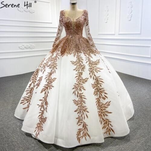 Dubai Rose Gold White High-end Wedding Dresses 2020 Beading Long Sleeve Lace Up Bride Gowns HM67112 Custom Made