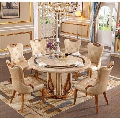 European marble round table European light yellow villa table and chair combination household dining table restaurant luxury din