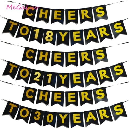 1 Set CHEERS TO 18/21/30/40/50/60 YEARS Banner Black Glitter Happy Birthday Bunting Paper Garland Anniversary Photo Booth Props