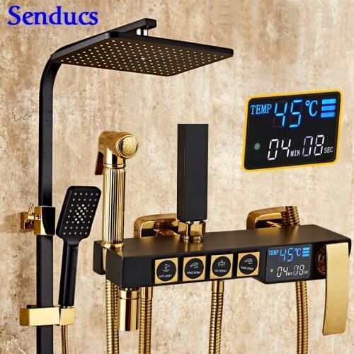 Senducs Black Gold Bath Shower Set Temperature Digital Shower Set of Quality Brass Shower Faucet Rainfall Black Shower System