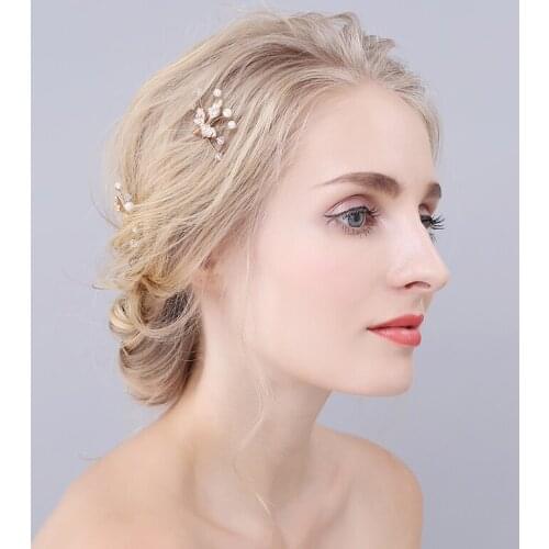 Exquisite Elegant Bridal Headdress Golden Leaves Pearl Crystal Rhinestone Hairnip 2pcs for Wedding Perform Studio Photo O913