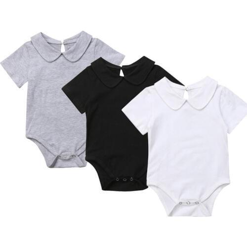 Pure Color Peter Pan Collar Baby Bodysuit Newborn Baby Girl Short Sleeve Summer Black White Grey Jumpsuit Bodysuit Outfit