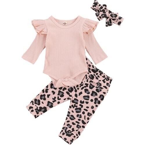0-24M Autumn Newborn Baby Girl’s Clothes Solid Color Flying Sleeve Jumpsuit and Leopard Trousers with Headband