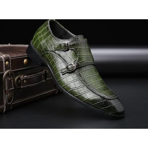Luxury Mens Crocodile Pattern Oxfords Double Buckle Men Dress Shoes Leather Brown Pointed Toe Male Formal Footwear Wedding Party
