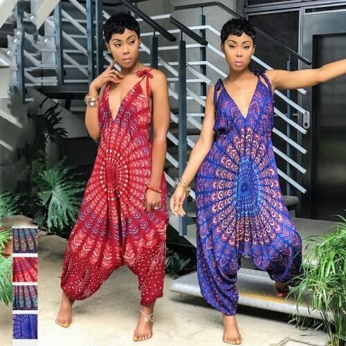 Bohemian Print Lace Up Fashion Rompers Plus Size Women Jumpsuit Summer Beach Sexy African Outfits Clothing Indian Dance Costumes