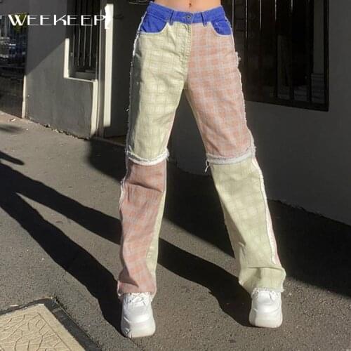 Weekeep Baggy Straight Jeans Women Plaid Print Patchwork Denim Trousers Summer Vintage Y2k Aesthetic Streetwear Basic Long Pants