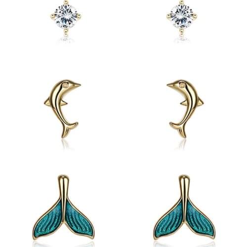 ZEMIOR Genuine 925 Sterling Silver For Women Jewelry Fish Tail & Dolphin Stud Earrings Clear Zircon Setting Samll Earrings Gift