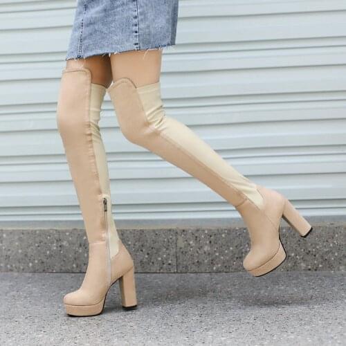 2021 Womens Over-The-Knee Boots Faux Suede Stitching Zipper Ladies Shoes Autumn Winter Fashion Platform Super High Heel Boots