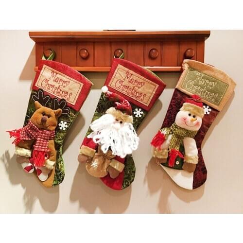 Lovely Christmas Stockings Set of 3pcs Santa, Snowman, Elk, Xmas Character 3D Plush Linen Hanging Tag Knit Border