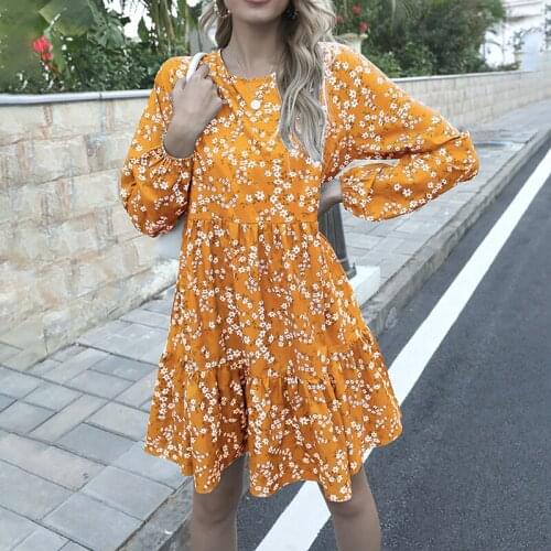 Floral Print O-neck Long-sleeved Pleated Ruffled Patchwork Dress Women Summer Loose Beach Holiday Dresses