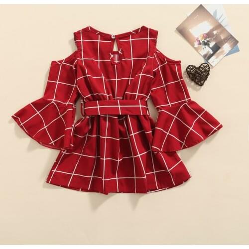 Infant Kids Baby Girls Casual Two-piece Clothes Set, Wine Red Long Flared Sleeve Dress and Waistband 2-7Y 2021 New Fashion