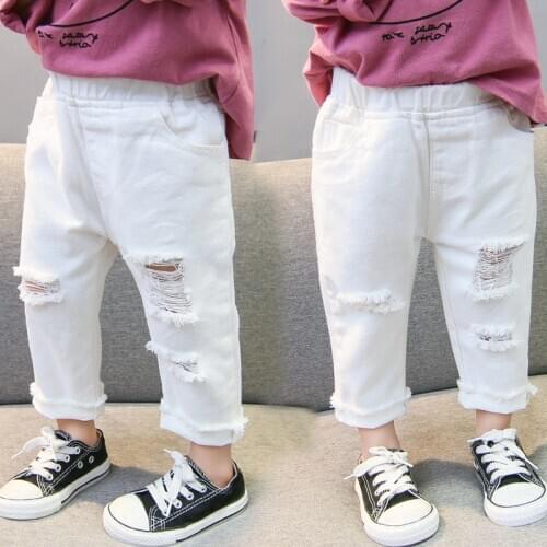 Qunq White Color Girls Jean Fashion Broken Hole Spring Summer Kids Jeans for Boys Elastic Waist Toddler Pant Children Trousers