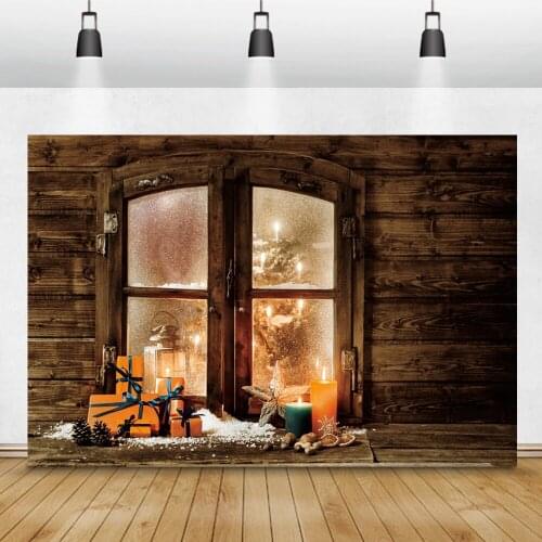 Christmas Windowsill Photo Backdrop Winter Snow Gifts Old Wooden Boards Candle Baby Child Portrait Photography Background Banner