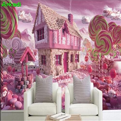Custom Photo Kids Dream Pink House Oil Painting Candy House Mural TV Background Painting 3d Wall Living Room Children Room