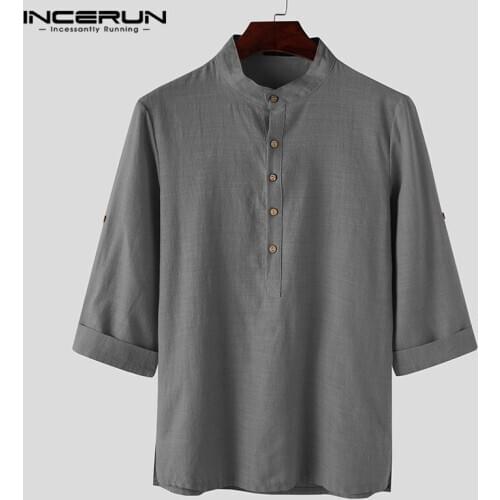 INCERUN Mens Shirts 3/4 Sleeve Stand Collar Camisa Man Vintage Solid Chemise Casual Cotton Blusas Japanese Style Shirts S-3XL 7