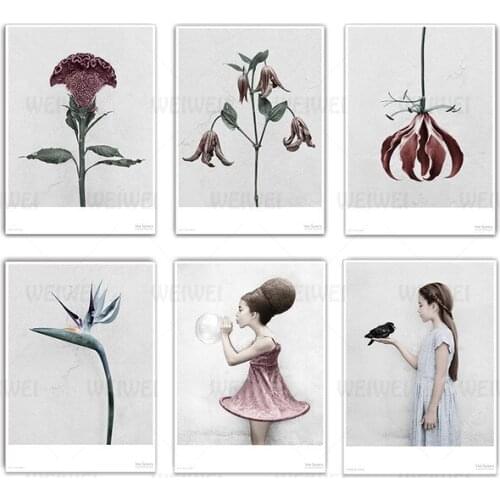 Kawaii Blowing Bubble Girl Flower Poster Nordic Art Canvas Painting Modern Wall Picture for Living Room Restaurant Decoration