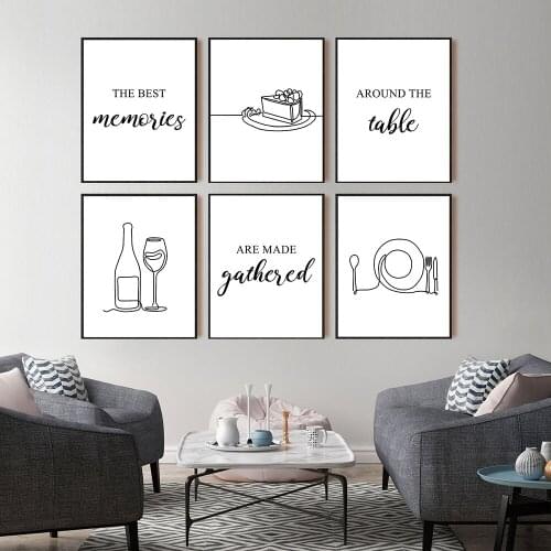 Kitchen Sign Art Print Minimalist Poster One Line Drawing Wall Art Canvas Painting Best Memories Around The Table Dining Room