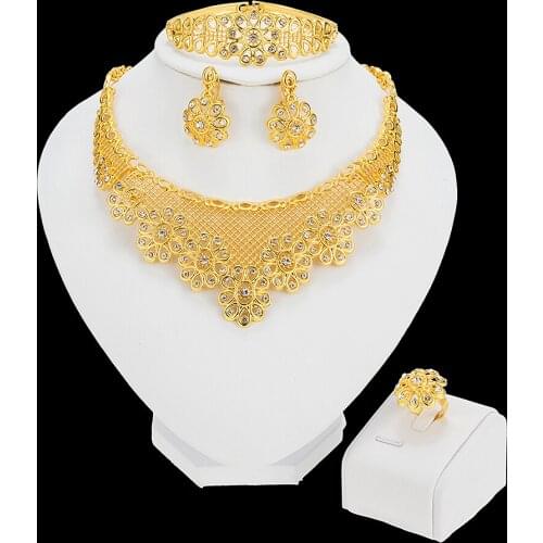 New Arrival African Bridal Gift Crystal Gold Color Necklace Earrings Bracelet Ring Nigerian Women Wedding Fashion Jewelry Sets