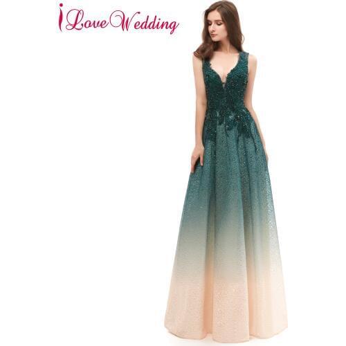 New Arrival Sexy V Neck Evening Dresses Green Lace Applique Beaded A Line Formal Long Evening Dresses for Party